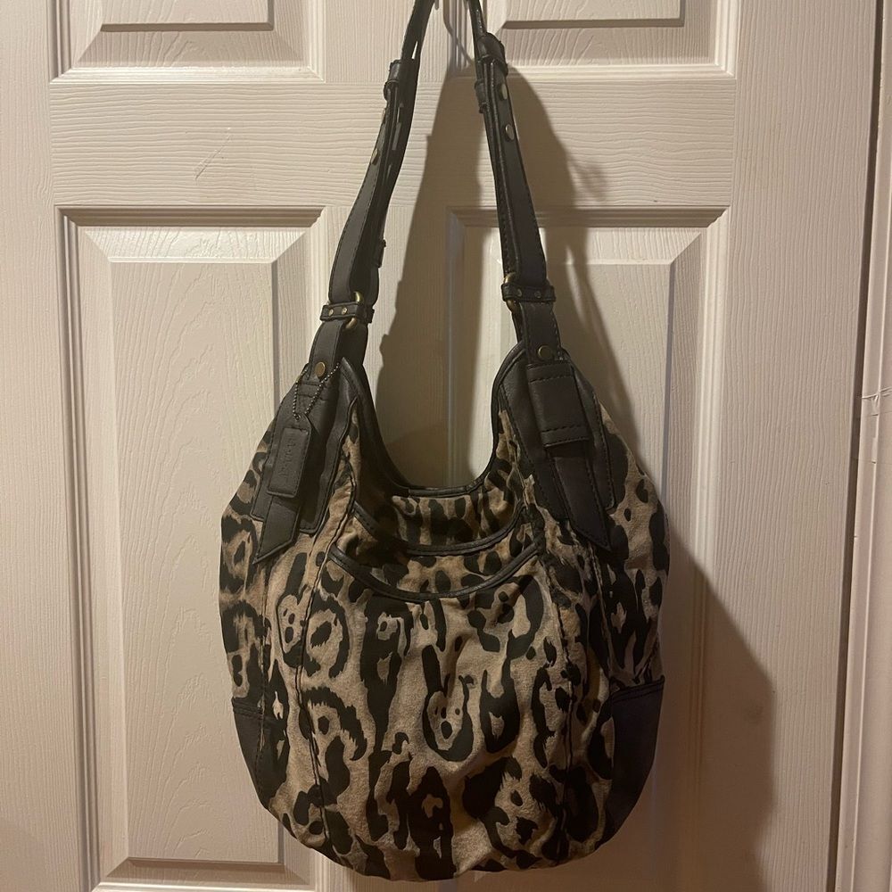 a.n.a Leopard Print 100%Pig skin dark gray faux leather trim hobo Bag